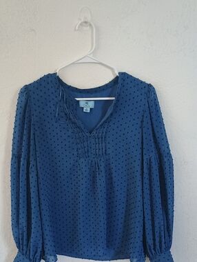 CeCe Navy Blue Swiss Dot V-Neck Long Sleeve Blouse